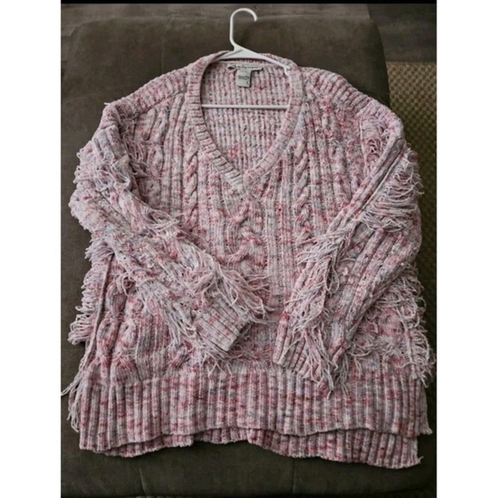 American Rag Pink Multicolor Chenille Cable Knit Fringe V-Neck Sweater Size L